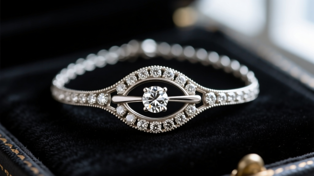 Macro photography of an antique platinum milgrain clasp on a rented diamond necklace resting on a black velvet inspection pad