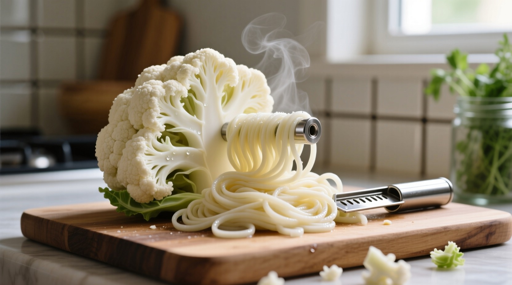 Fresh cauliflower florets being processed into noodles