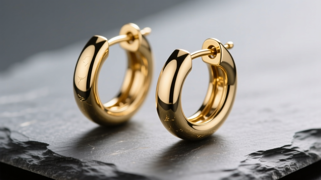 Macro shot of 14k gold concentric double hoop earrings on slate, revealing the clicker hinge and polished finish under soft light.