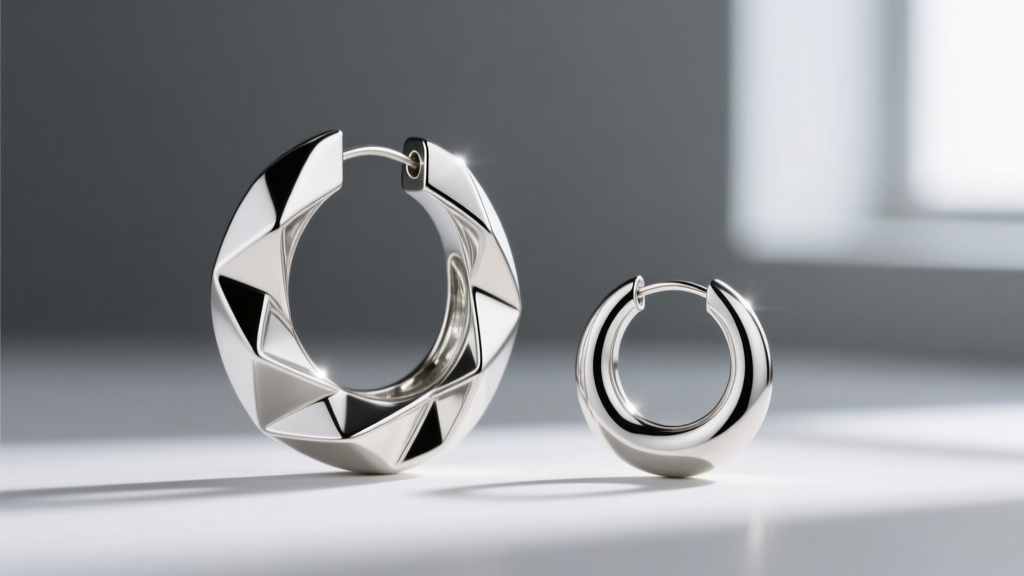 Editorial shot of asymmetrical silver chunky hoop earrings, a large sculptural hoop and a smaller huggie on a minimal gray backdrop