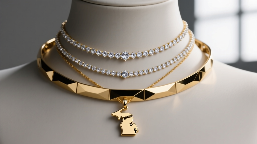 Layered neckline jewelry featuring a 14-inch gold choker, 16-inch Michigan state pendant, and an 18-inch diamond satellite chain.