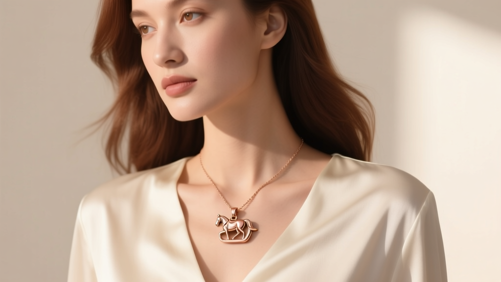 A woman wearing a delicate 15mm rose gold equestrian buckle pendant resting on her collarbone, paired with a cream silk blouse.