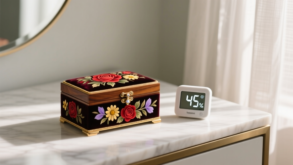 Restored floral jewelry box on a vanity away from sunlight, next to a small digital hygrometer displaying 45 percent humidity.