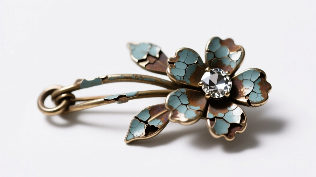 Macro photo of pot metal degradation and flaking on the clasp of a 1940s rhinestone floral brooch against a white background