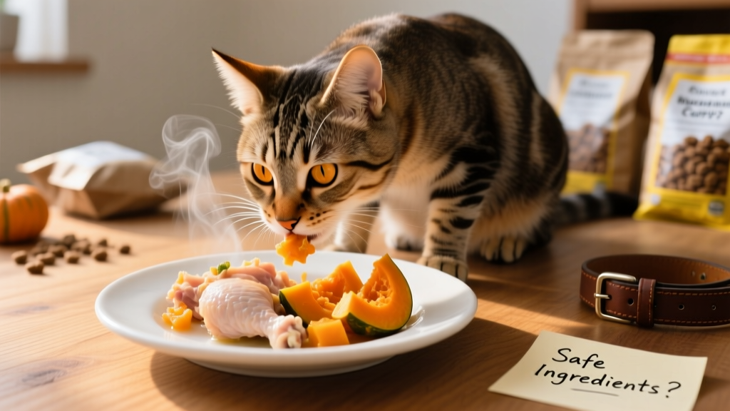 A cat eating from a clean ceramic dish containing small pieces of boiled chicken and steamed pumpkin