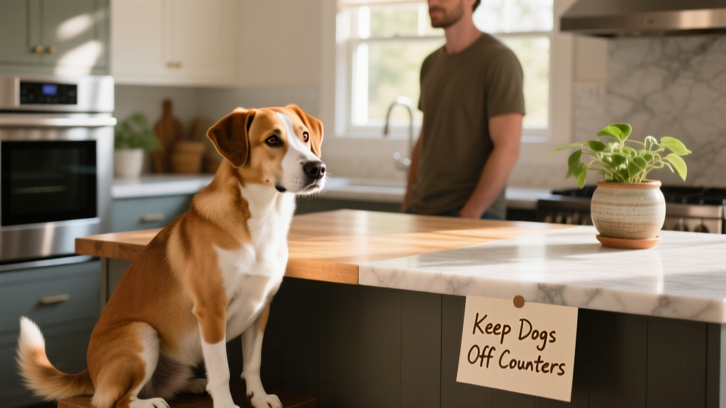 A mixed-breed dog sitting calmly beside a kitchen island, looking attentively at its owner