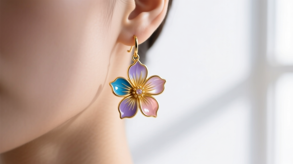 Macro shot of 14k gold flower dangle earrings with translucent enamel petals hanging from a model's earlobe in soft light.