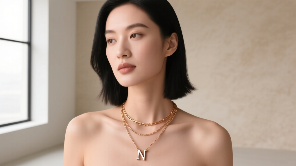 Woman wearing a small 14k rose gold N initial pendant on a 16-inch cable chain layered with a 20-inch gold paperclip chain.