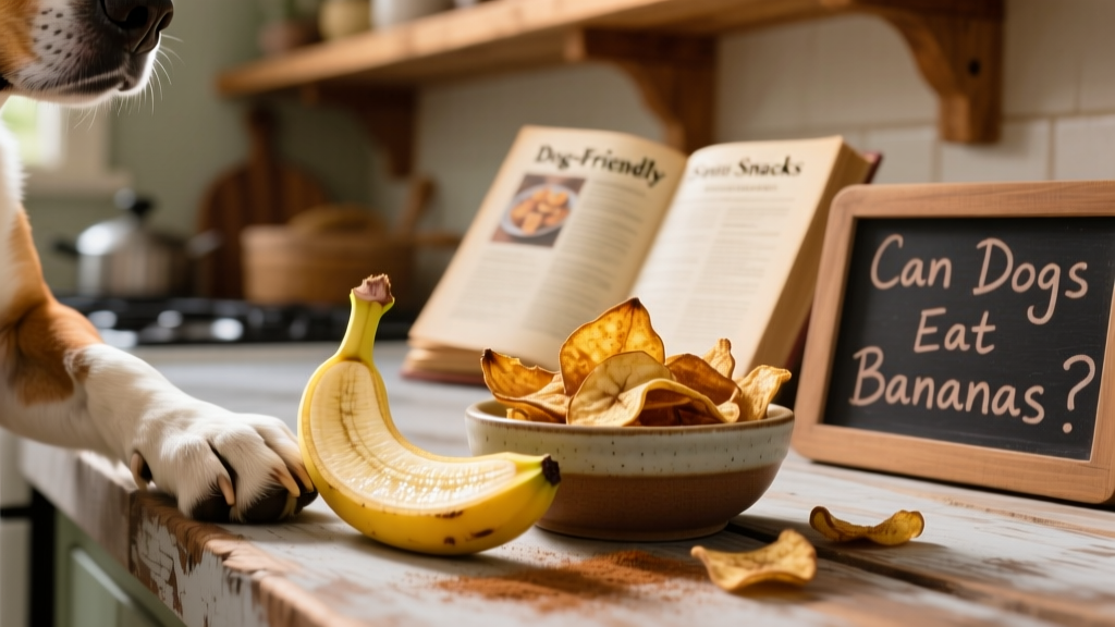 Close-up of a dog’s paw resting beside a fresh banana slice and a small bowl of homemade banana chips on a wooden countertop