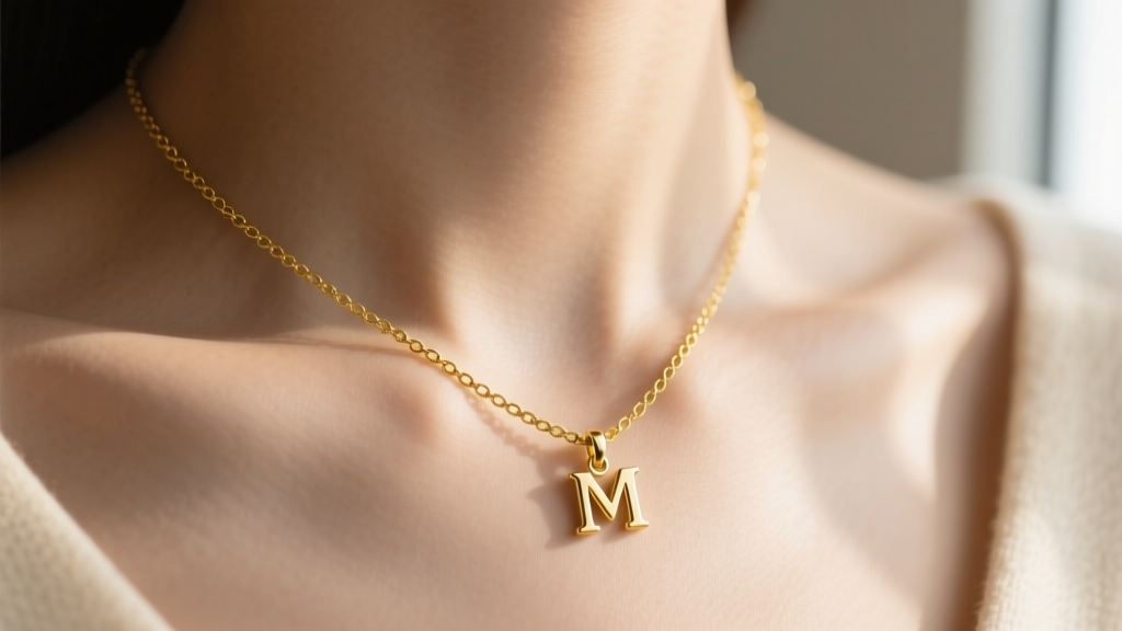 Close-up of a delicate 14k yellow gold chain necklace featuring a tiny lowercase letter M pendant resting on a collarbone