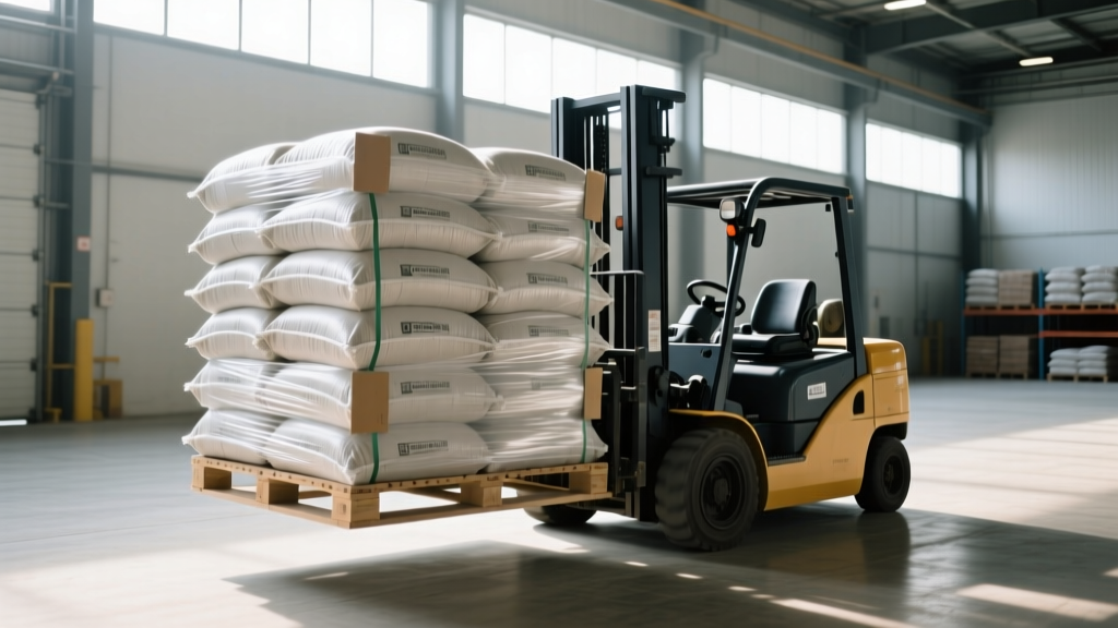 Warehouse forklift moving a pallet of bagged cement wrapped in heavy-duty 80-gauge stretch film with reinforced cardboard edge protectors
