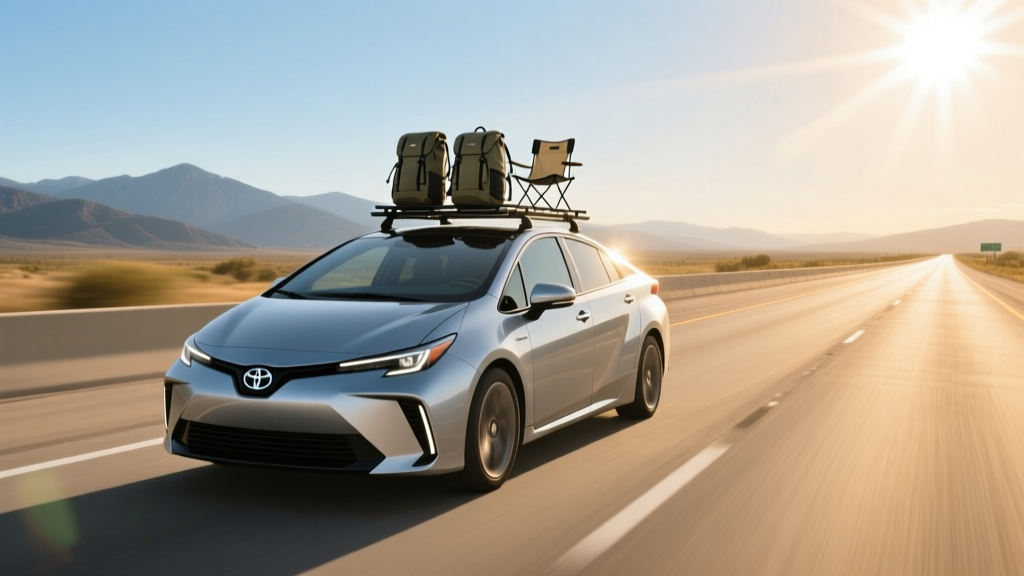 2026 Toyota Prius Prime driving on a scenic interstate highway with adaptive cruise control engaged and roof rack installed