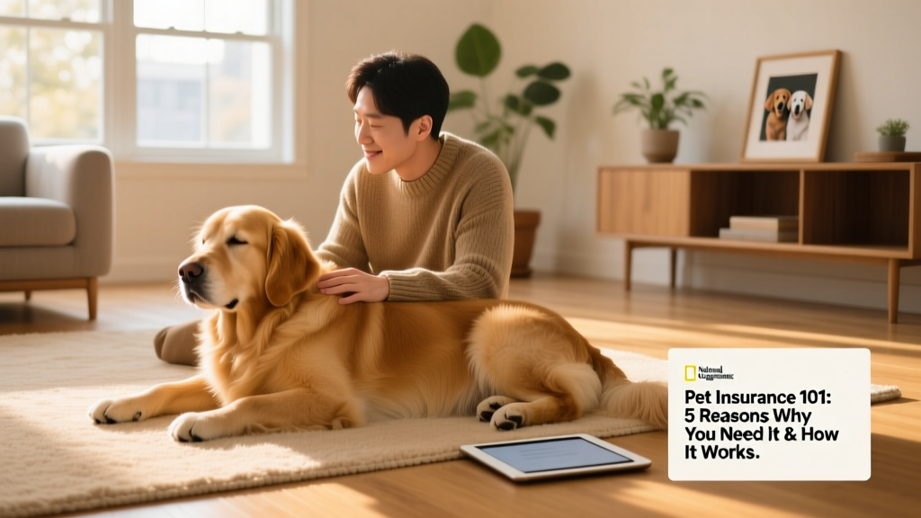 A calm, healthy golden retriever resting beside its owner on a sunlit living room floor