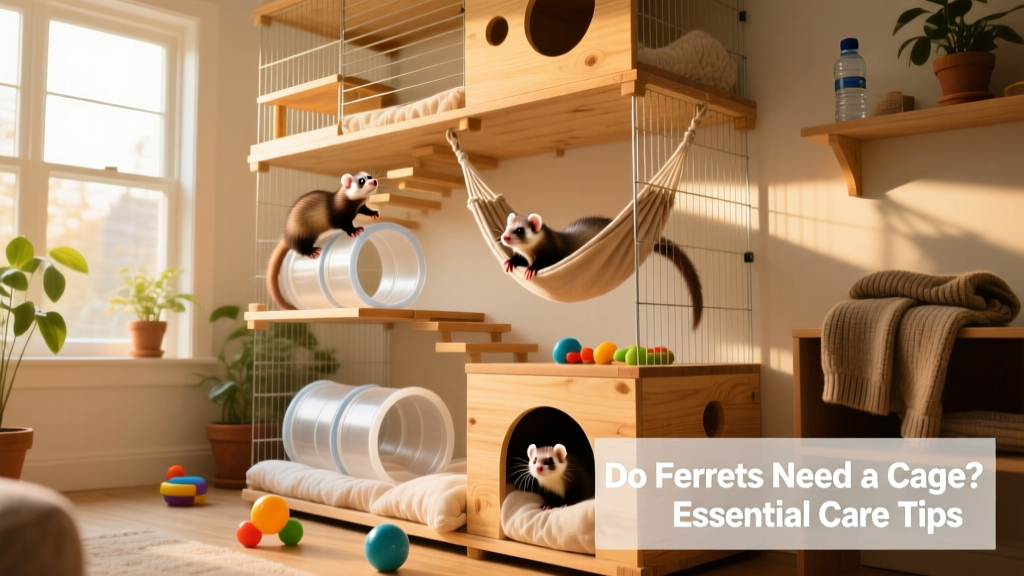 A spacious, multi-level ferret cage with hammocks, tunnels, and toys inside