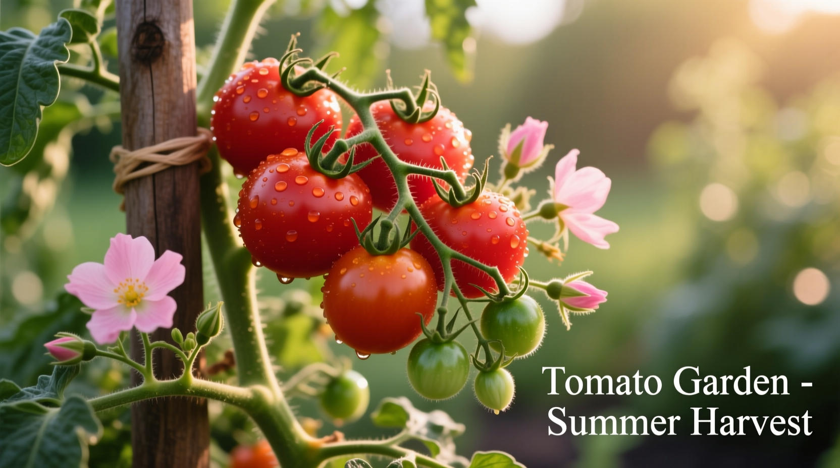 Tomato plant with ripe fruit showing flower and developing fruit
