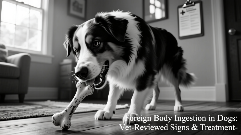 black & white Australian Shepherd chewing on a dog bone
