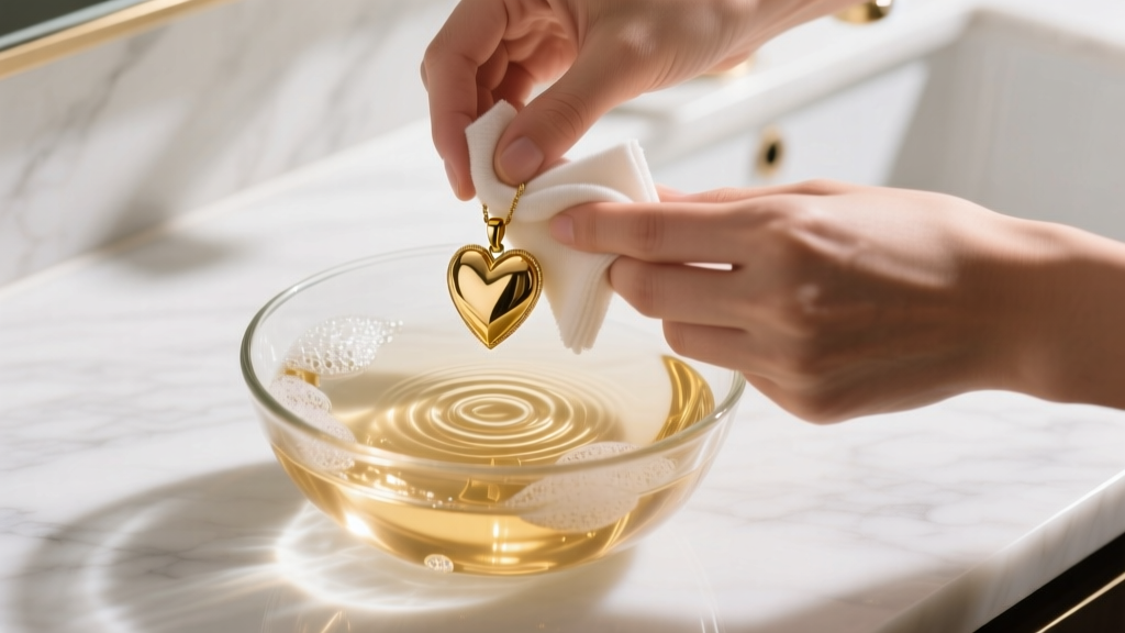 Hands cleaning a gold heart pendant with a microfiber cloth over a glass bowl of soapy water on a white marble vanity surface