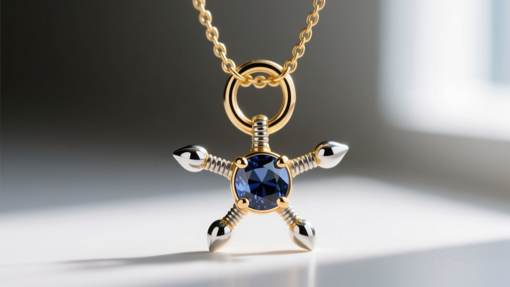 Macro view of a molecule necklace bail and jump ring, showing a soldered connection and smooth prong tips on the gemstone setting.