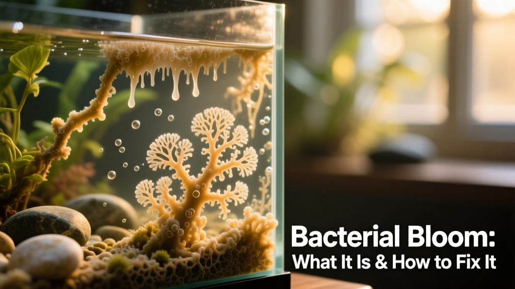 Close-up of biofilm coating aquarium glass and decorations, showing slimy, translucent residue