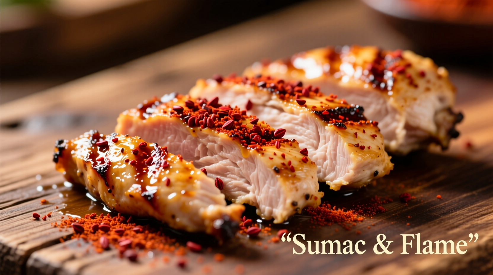 Deep red sumac spice sprinkled over grilled chicken