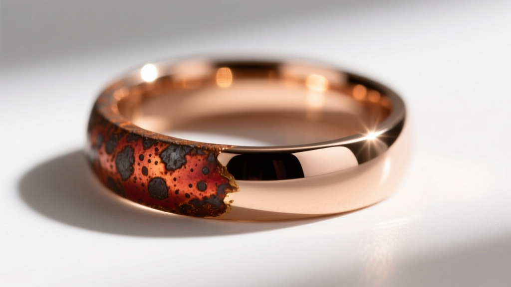 Macro shot of a tarnished 10k rose gold ring showing dark copper oxidation spots next to a pristine polished section for contrast.