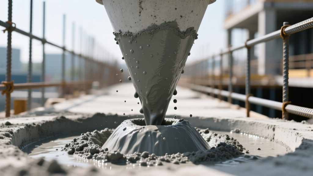 Close-up of a concrete slump test being performed on a high-strength gray mix at a commercial construction site with steel rebar in background