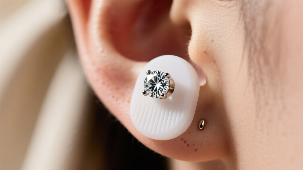 Macro photography of a silicone earring lifter pad supporting a heavy diamond stud on a pierced earlobe, preventing the jewelry from drooping