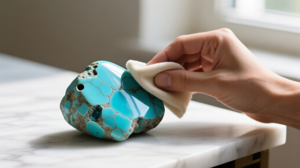 Jeweler using a microfiber polishing cloth to gently restore luster to a porous turquoise stone without applying liquid soaks.