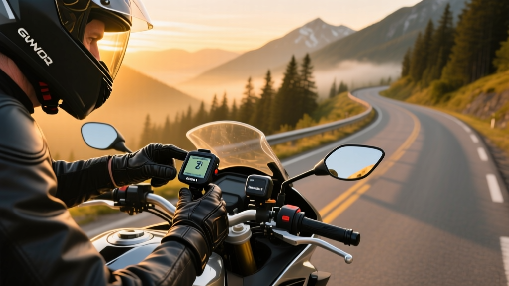 Rider adjusting a Garmin Zumo XT2 GPS and Cardo Packtalk Edge on a sport-touring motorcycle handlebar at sunrise on a mountain road