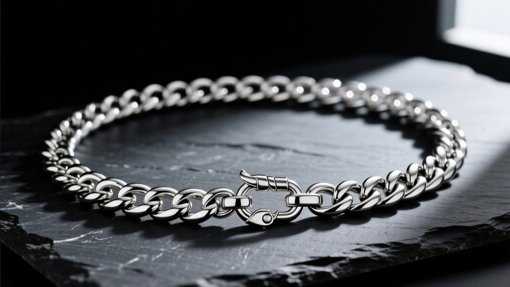Mens 20-inch sterling silver cuban link chain with lobster clasp, displayed on dark slate with dramatic side lighting