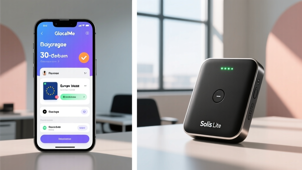 Split screen showing the GlocalMe mobile app interface purchasing a 30-day Europe data package next to a physical Solis Lite hotspot device