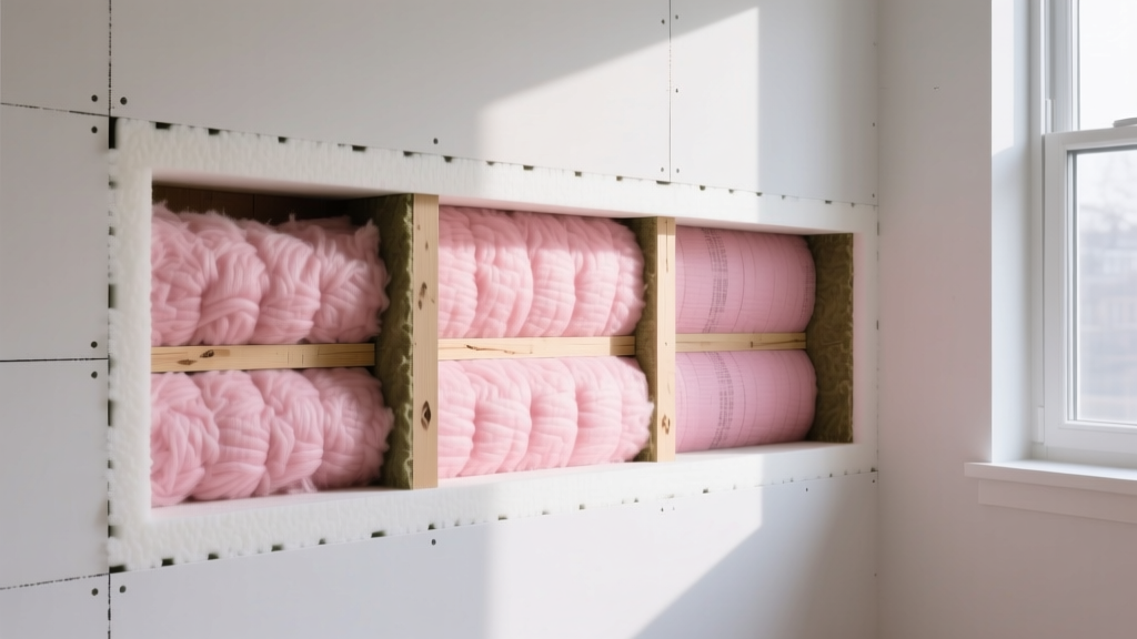 Cross-section of a residential wall cavity showing pink fiberglass batts and rigid foam boards with a digital cost-analysis overlay