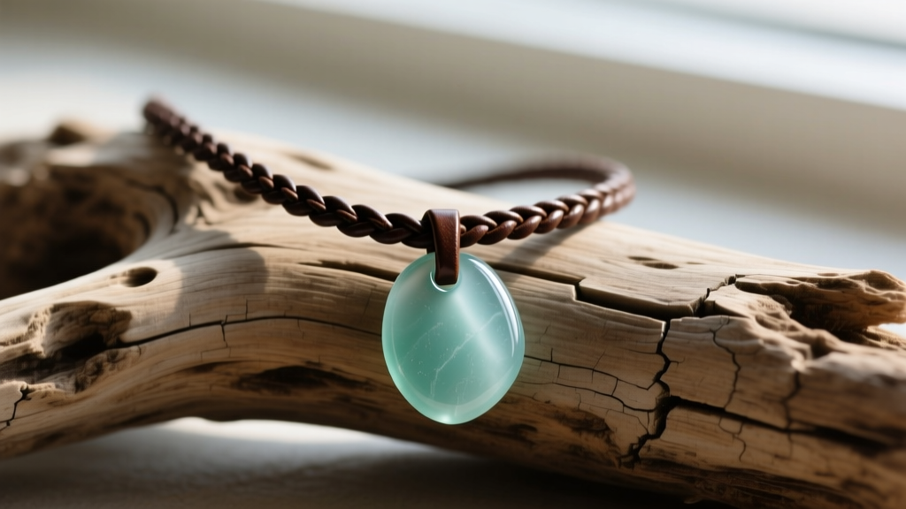 Close-up of a sea glass leather necklace on driftwood, showing frosted teal glass wrapped in a dark brown braided leather cord.