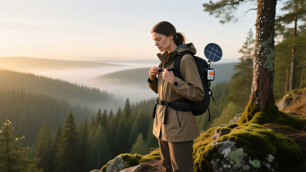 Female solo hiker adjusting a discreet satellite SOS beacon on her backpack strap overlooking a dense pine forest valley at dawn.