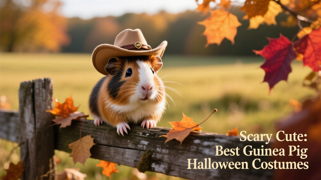 A guinea pig wearing a tiny cowboy hat, perched on a wooden fence prop with autumn leaves scattered around