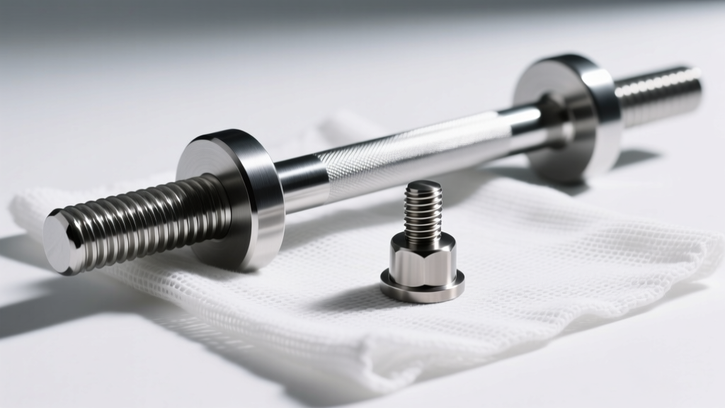 Externally threaded steel barbell next to a high-quality threadless titanium nipple shield resting on a sterile white gauze pad