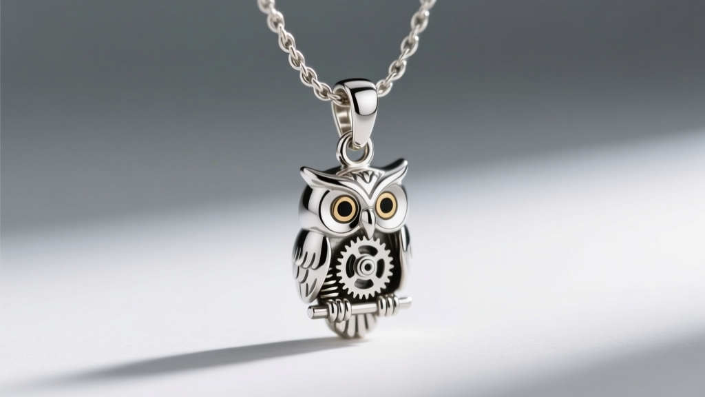 Macro view of a hidden bail connecting a silver owl pendant to a 1.5mm rope chain, demonstrating secure jewelry clasp mechanics