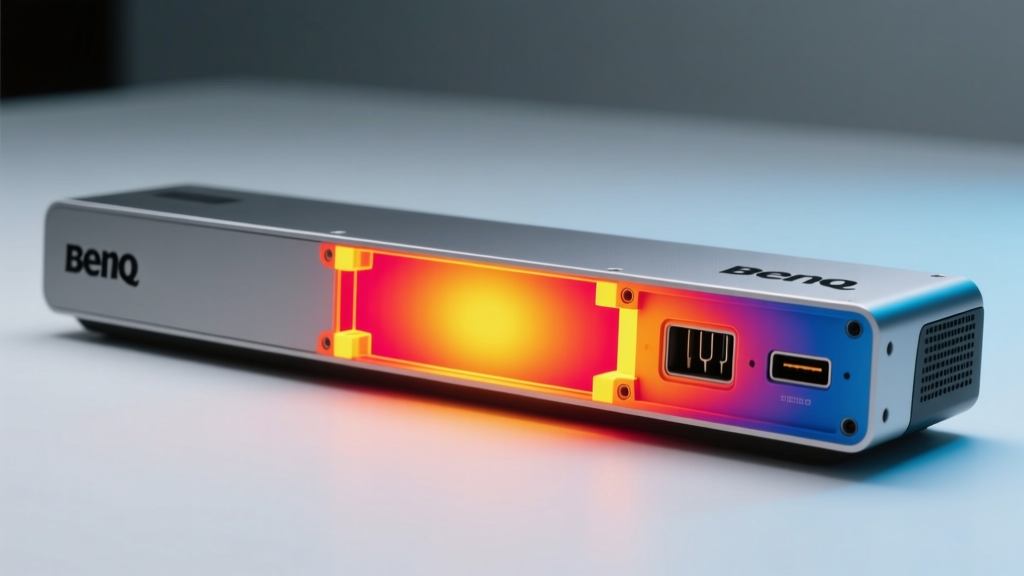 Thermal imaging camera view showing the heat dissipation of the BenQ ScreenBar Halo aluminum chassis during continuous operation