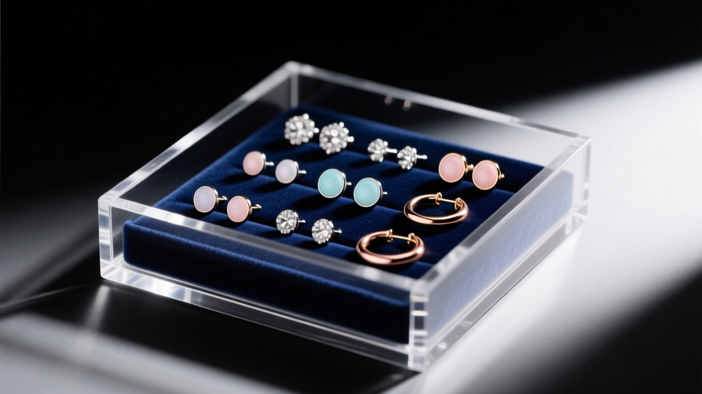 Acrylic box displaying sanitized hypoallergenic starter studs and small hoops resting neatly on a soft dark velvet jewelry pad.