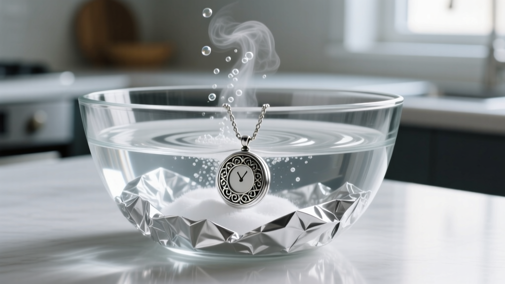 Glass bowl lined with aluminum foil and hot baking soda water, showing a submerged silver pendant emitting tiny gas bubbles.