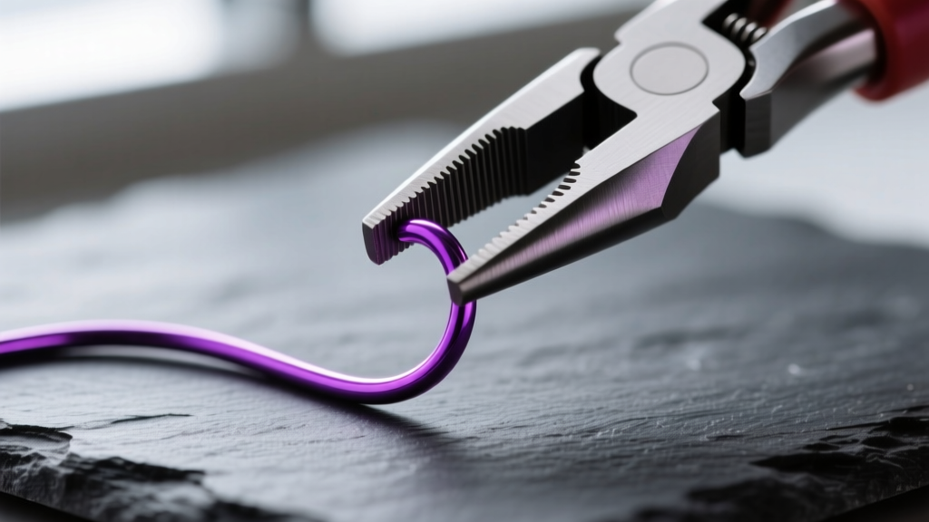 Macro shot of a 20-gauge anodized purple niobium ear wire being bent with nylon-jaw pliers on a dark slate surface.
