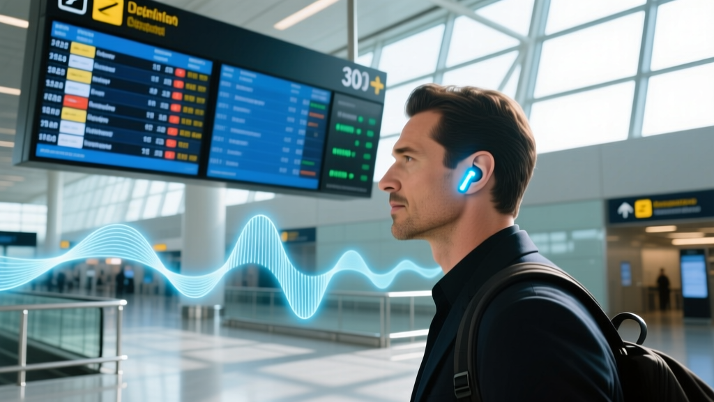 Commuter wearing wireless earbuds looking at a digital airport departure board broadcasting audio directly to their personal device