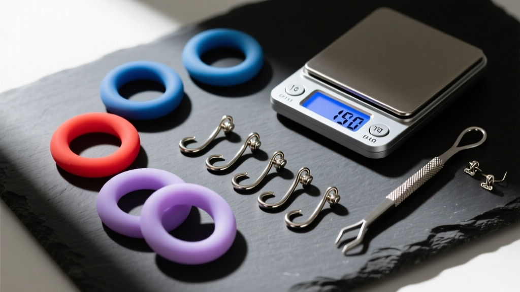 Flat lay of earring tools including silicone o-rings, 16-gauge titanium hooks, and a digital scale on a dark slate surface.
