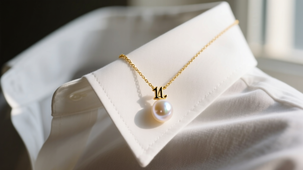 Close-up of a 14k gold initial necklace pearl pendant resting on a white linen shirt collar in soft natural light