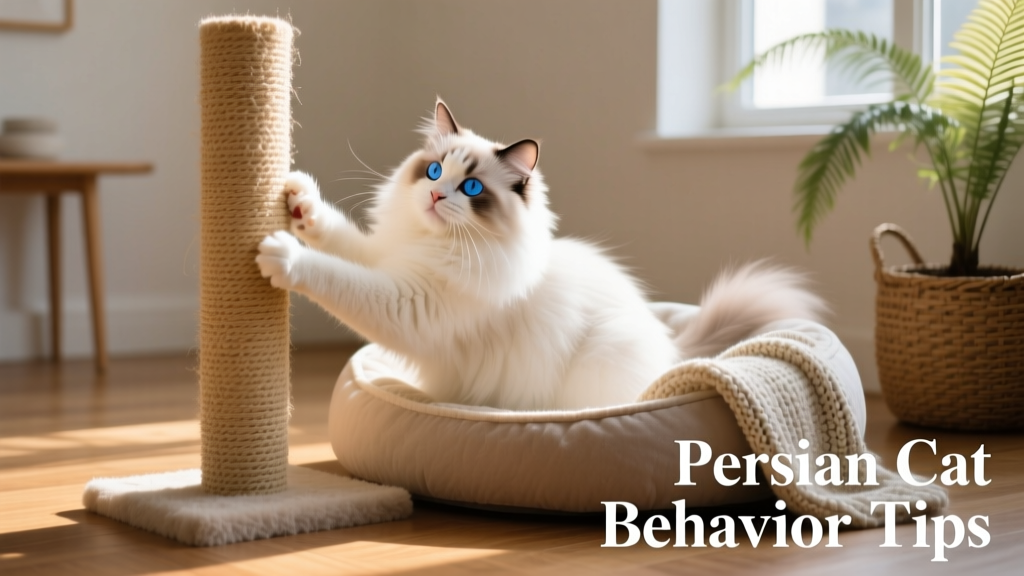 A Persian cat confidently scratching a sturdy vertical sisal post beside a cozy cat bed