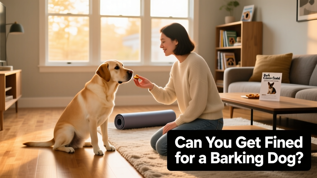 A person gently training their dog with treats and hand signals in a sunlit living room