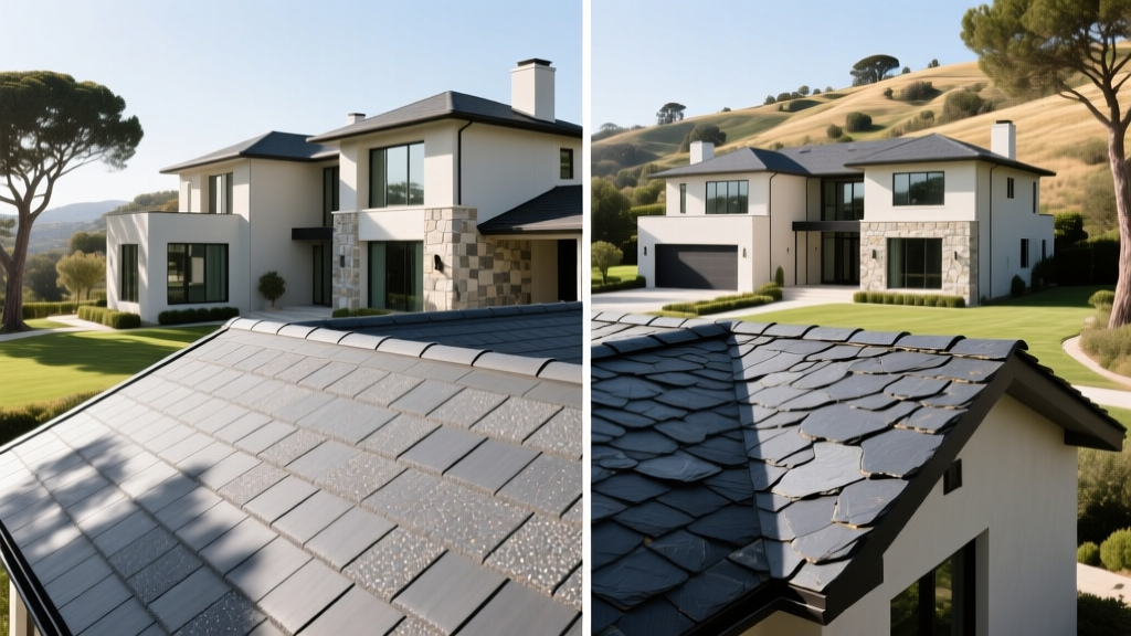 Split-screen architectural view comparing a DaVinci synthetic polymer slate roof in weathered gray with a traditional quarried natural slate roof on luxury residences