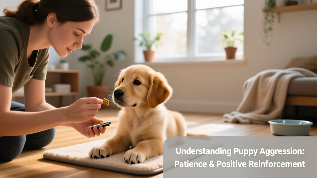 A trainer calmly guiding a puppy through a gentle nail-trimming session using treats and soft encouragement
