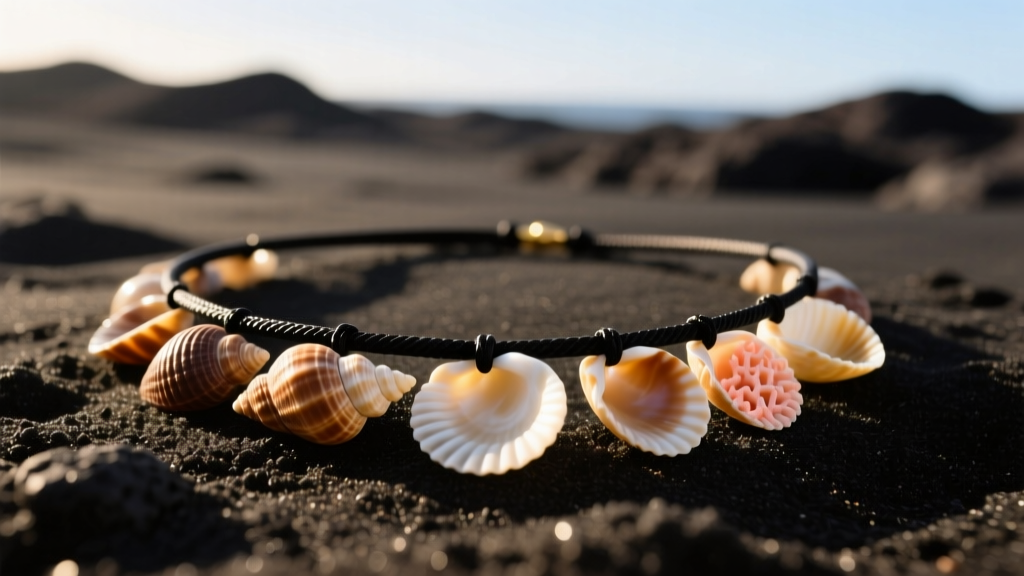 Macro shot of a Hawaiian puka shell necklace on a black cord, resting on dark volcanic sand under bright, warm natural sunlight.