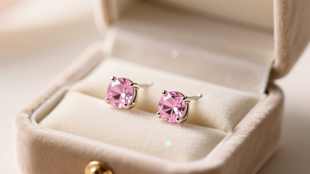 Opened velvet gift box revealing sterling silver morganite stud earrings with blush pink gems, soft romantic lighting, macro shot